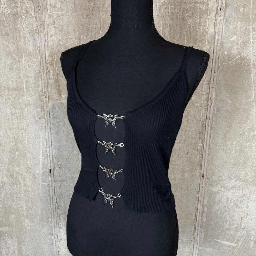 IMMODEL Black Butterfly Cutout Ribbed Knit Cami Crop Top Medium Y2K Grunge Goth
